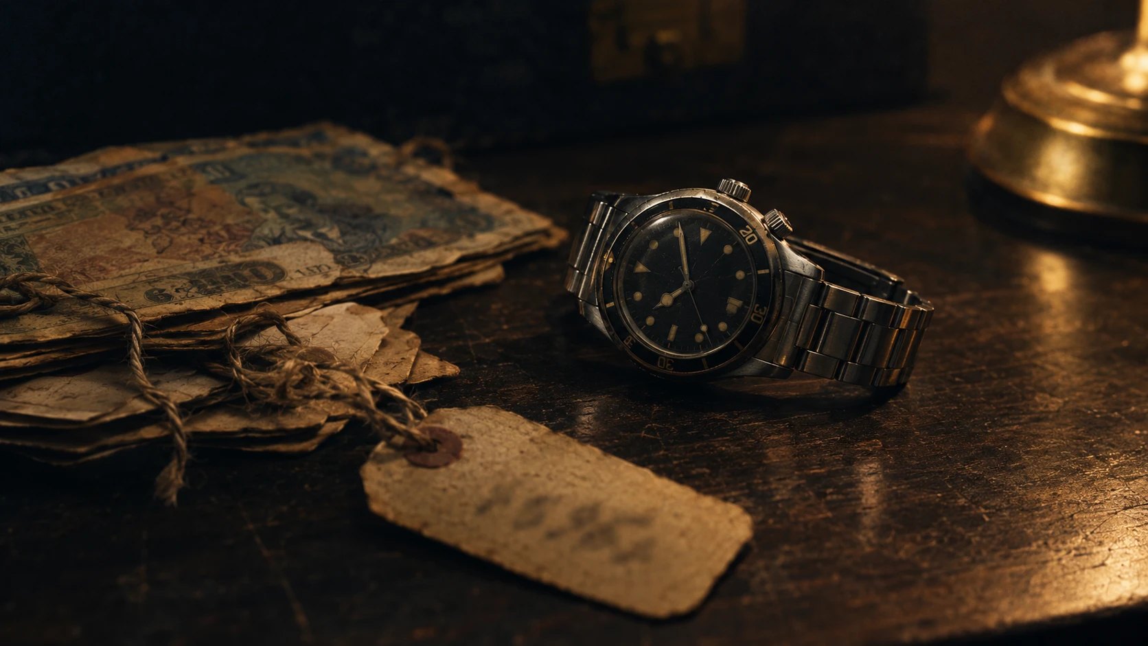 A vintage dive watch next to old banknotes and a price tag