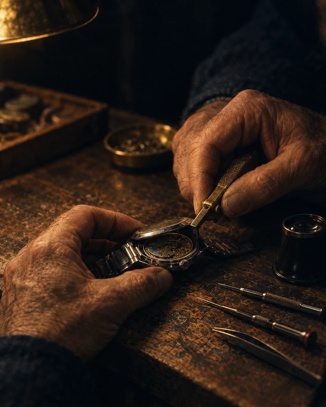 Hands opening the caseback of a vintage watch on a watchmaker’s bench